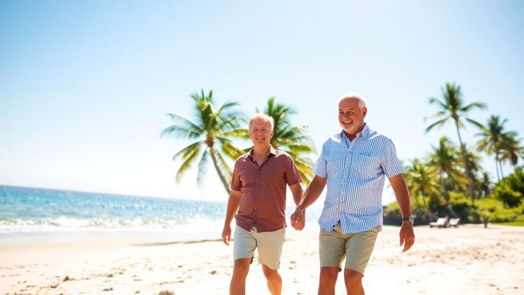 Happy retired couple enjoying a sunny beach vacation.