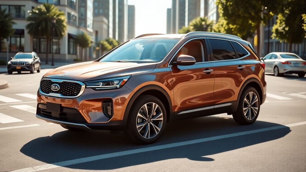 New Kia SUV on a sunny street.