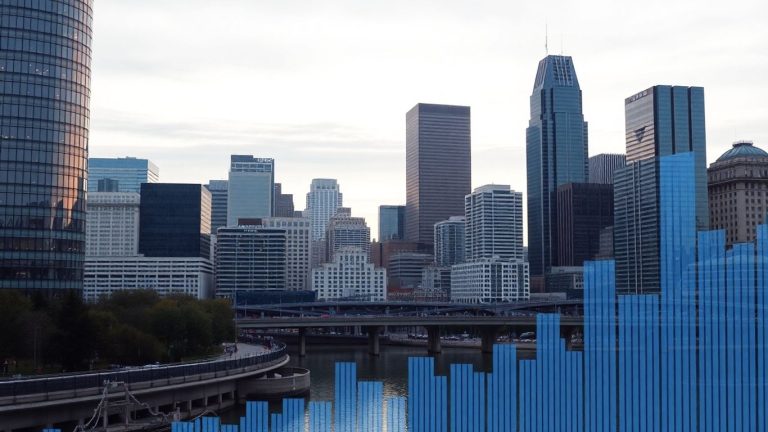 Minneapolis skyline with financial graphics.