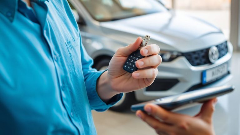 Calculating car finance payments with a calculator and car key.