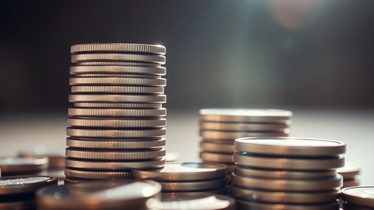 Stack of coins with sunlight, financial growth concept.