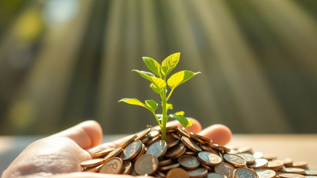 Hand holding a plant growing from coins.