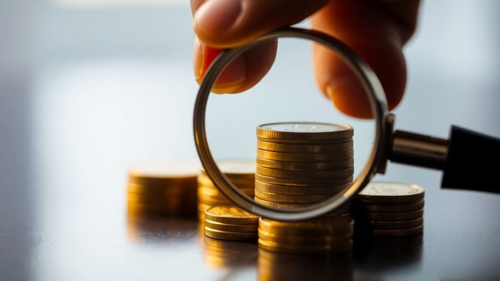 Magnifying glass over coins, showing profit.