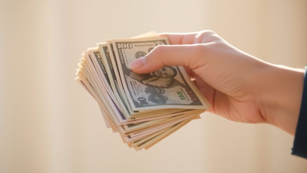 Hand holding stack of currency bills, financial concept.