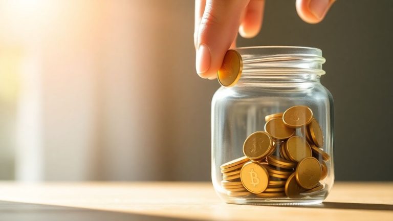 Hand placing coin into jar of coins.