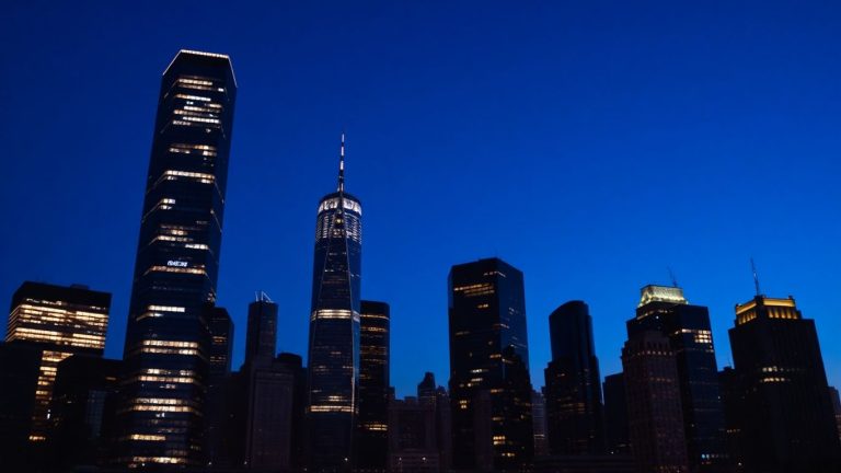 Cityscape at dusk with illuminated skyscrapers