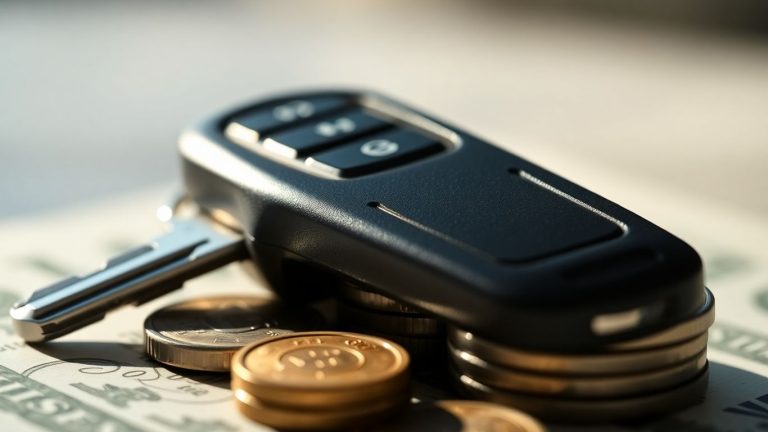 Car key on coins, financial deal concept.