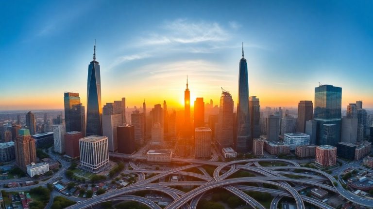 Financial cityscape with skyscrapers and winding roads.