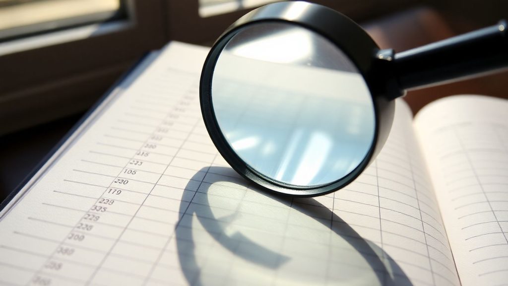 Financial ledger with magnifying glass