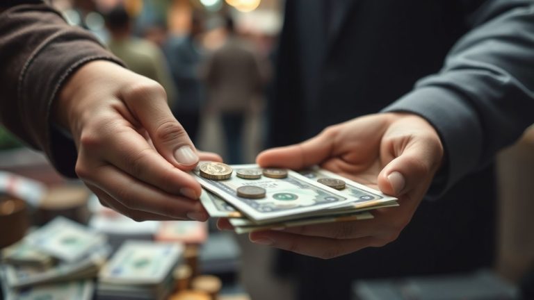 Hands exchanging money, symbolizing investment growth.