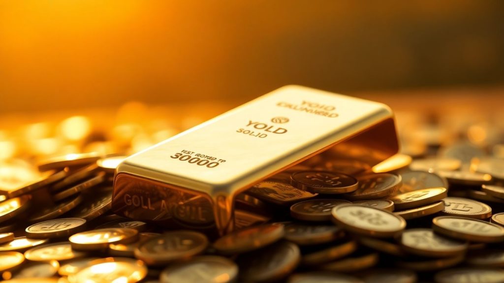 Gold bars and coins with a sunrise background.