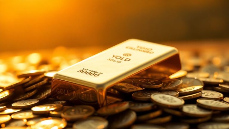 Gold bars and coins with a sunrise background.