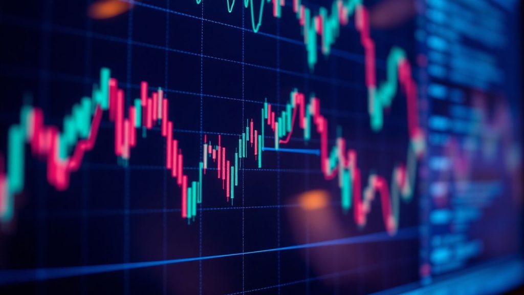 Computer screen with financial data and digital patterns.