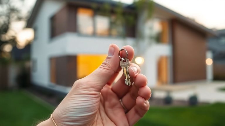 Hand holding a key in front of a house.