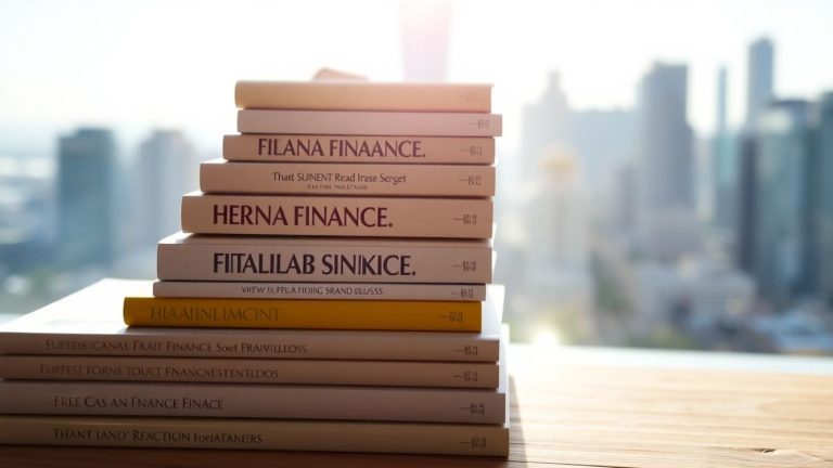 Stack of finance books with city skyline background.