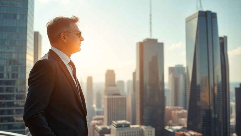 Investment strategist overlooking city skyline