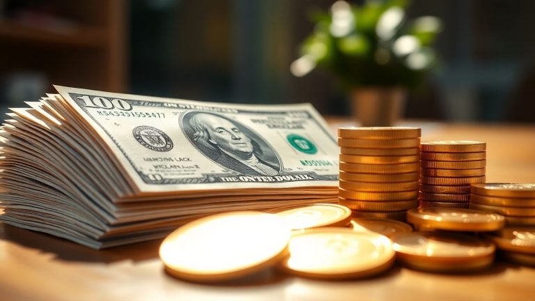 Stack of money and gold coins, symbolizing investment growth.