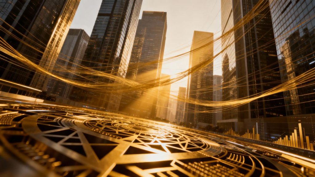 Financial cityscape with abstract connections and golden light.
