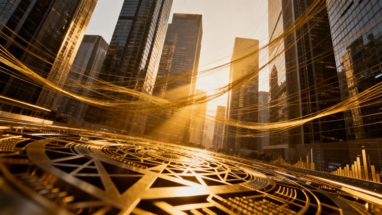 Financial cityscape with abstract connections and golden light.