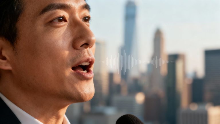 Person speaking clearly, financial district background, sound waves.