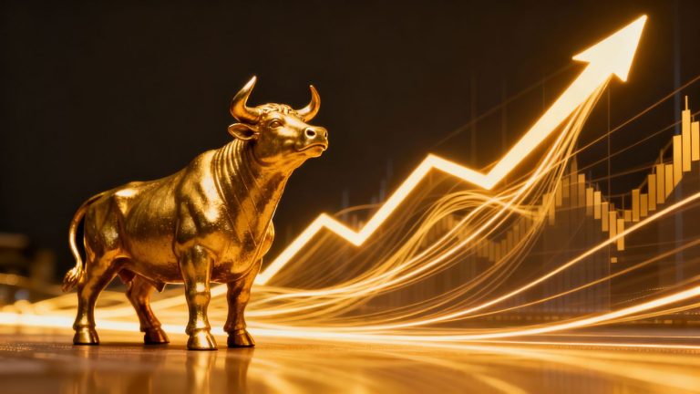 Golden bull statue with upward light trails, symbolizing investment growth.