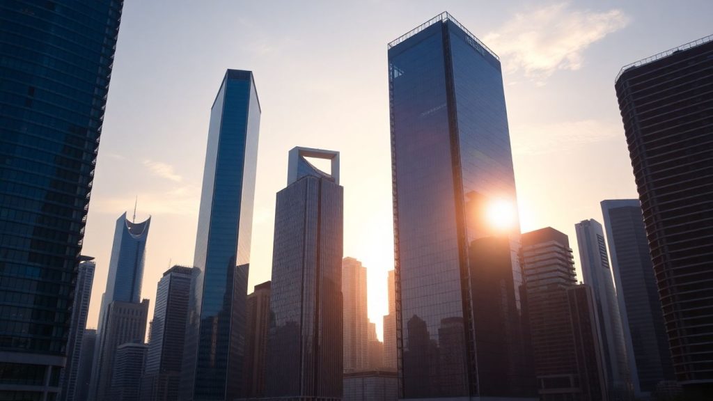 Modern cityscape with skyscrapers at sunrise, suggesting growth.