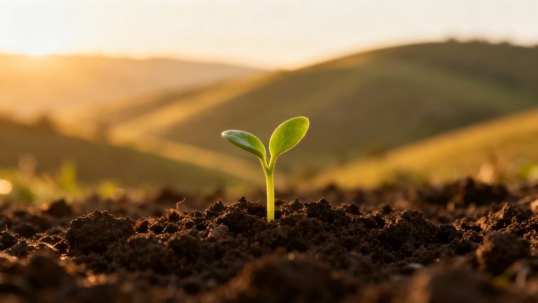 Green seedling growing in soil, symbolizing wealth growth.