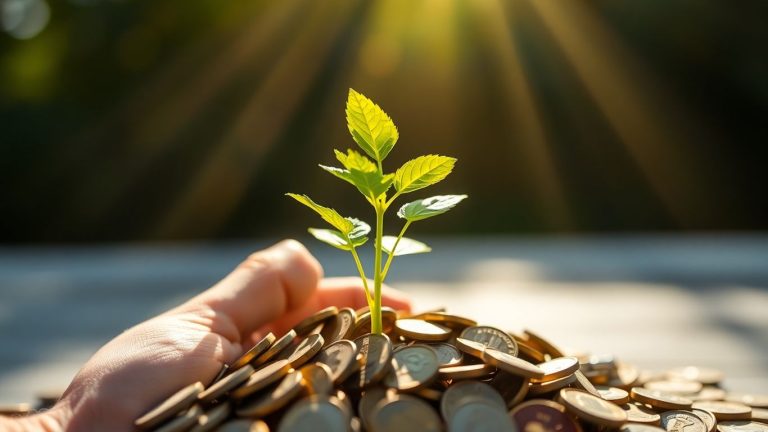 Plant growing from coins, symbolizing financial growth.