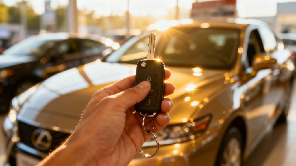 Person holding car key with car in background.