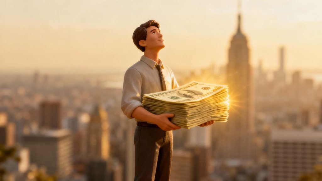 Borrower with cash, looking towards a bright financial future.