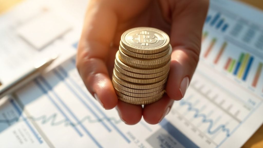 Hand holding coins, financial documents background.