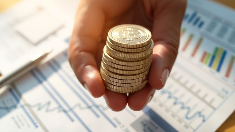 Hand holding coins, financial documents background.