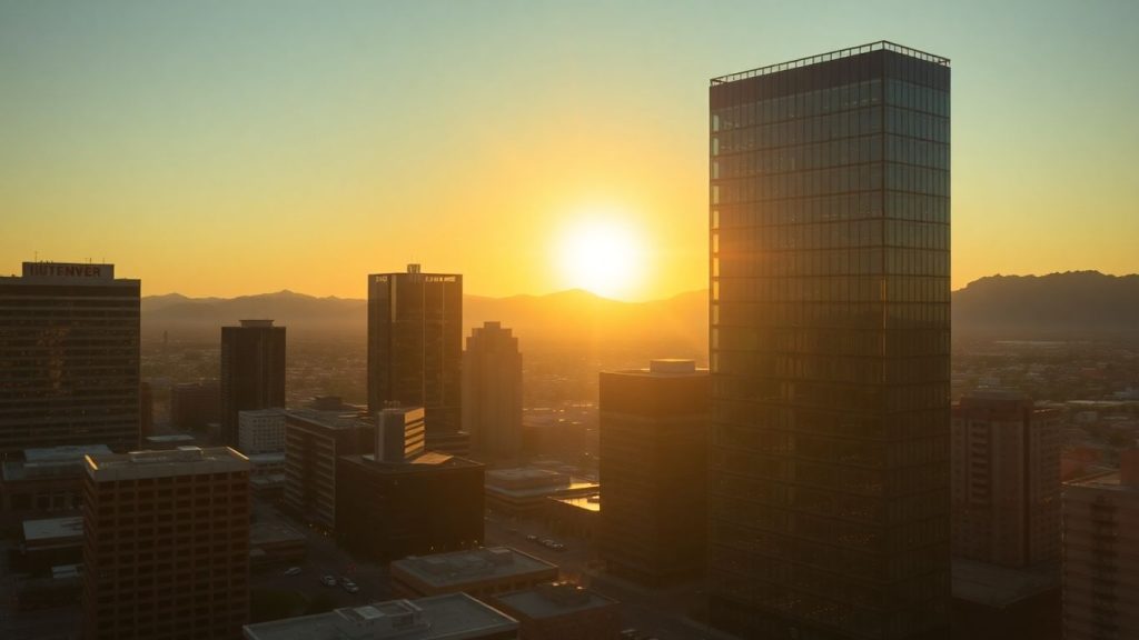 Arizona cityscape with skyscrapers at sunset for investment banking jobs.