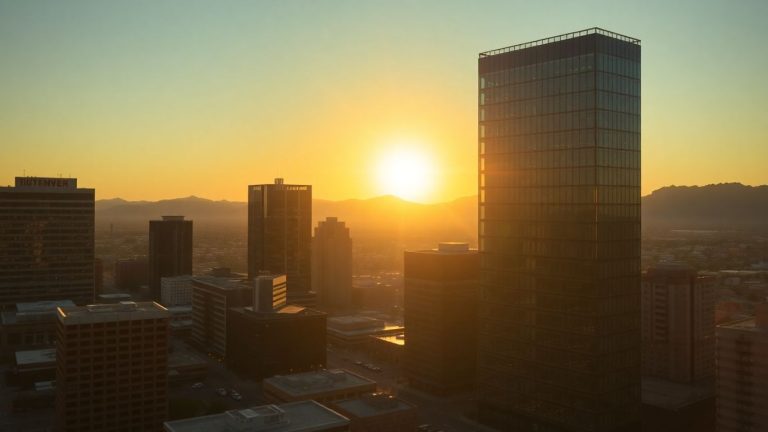 Arizona cityscape with skyscrapers at sunset for investment banking jobs.