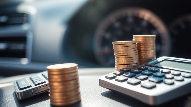 Car finance calculator and coins on dashboard