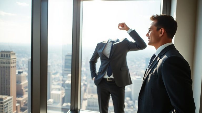 Man in suit overlooking city from office window.