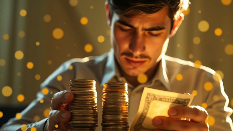 Person managing money with financial growth elements.