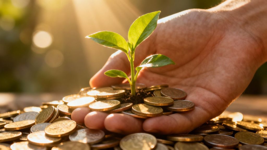 Plant growing from coins, symbolizing financial growth.