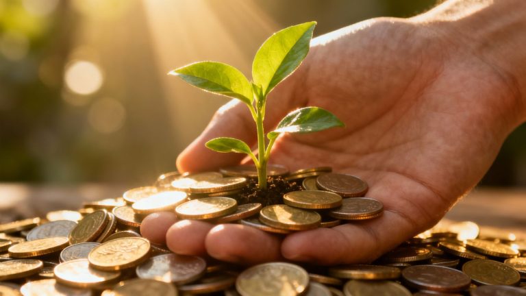 Plant growing from coins, symbolizing financial growth.