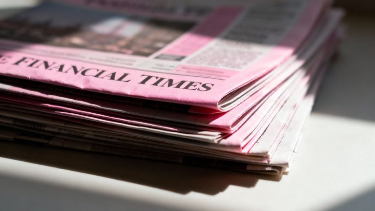 Financial Times newspapers stacked, close-up view.