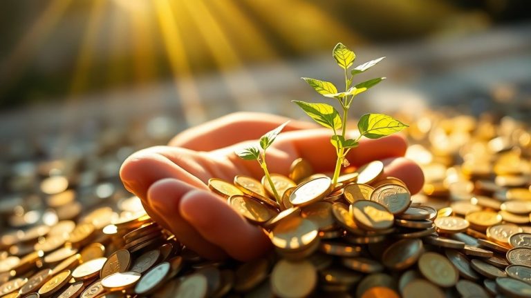 Hand holding plant growing from coins, symbolizing investment growth.