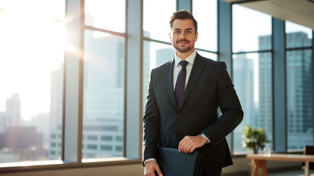 Investment banker in a suit with city view.