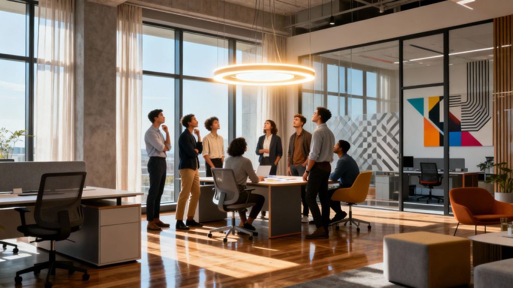 Diverse professionals in a bright, modern office.