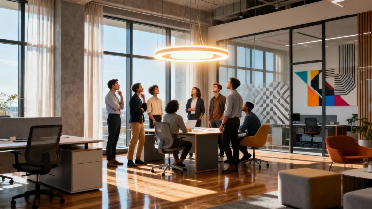 Diverse professionals in a bright, modern office.