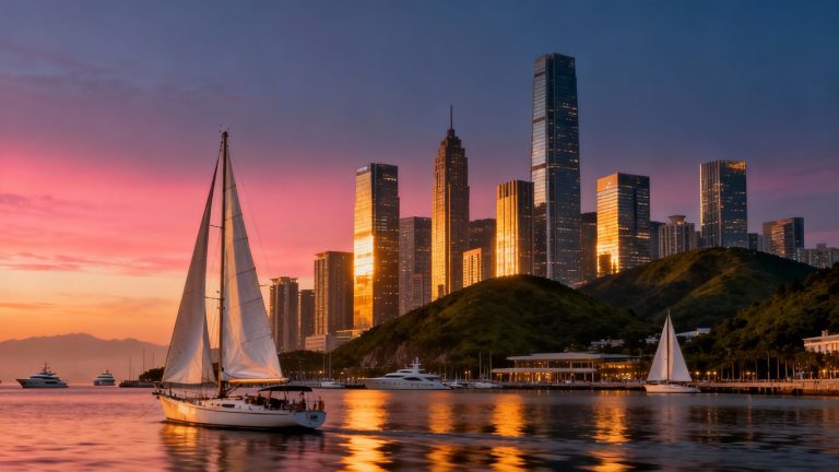 Greenwich, Connecticut skyline with skyscrapers and harbor.