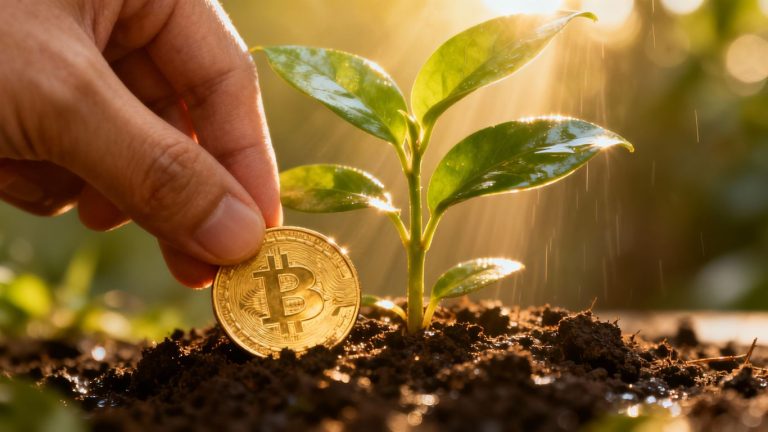 Hand placing coin into growing plant