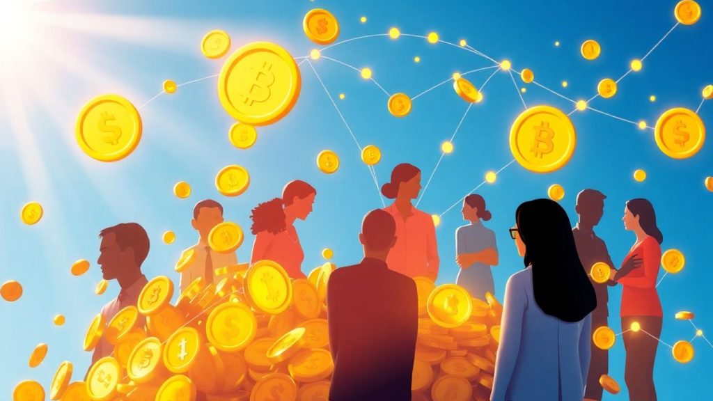 People interacting with global financial elements and golden coins.
