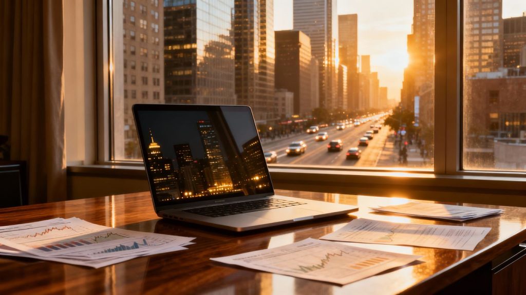 Modern financial office overlooking a city skyline.