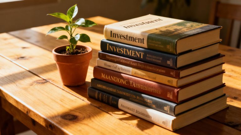 Stack of beginner investing books on a table.