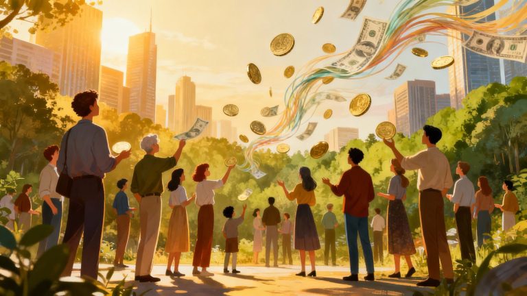 People and financial symbols in a bright, hopeful setting.